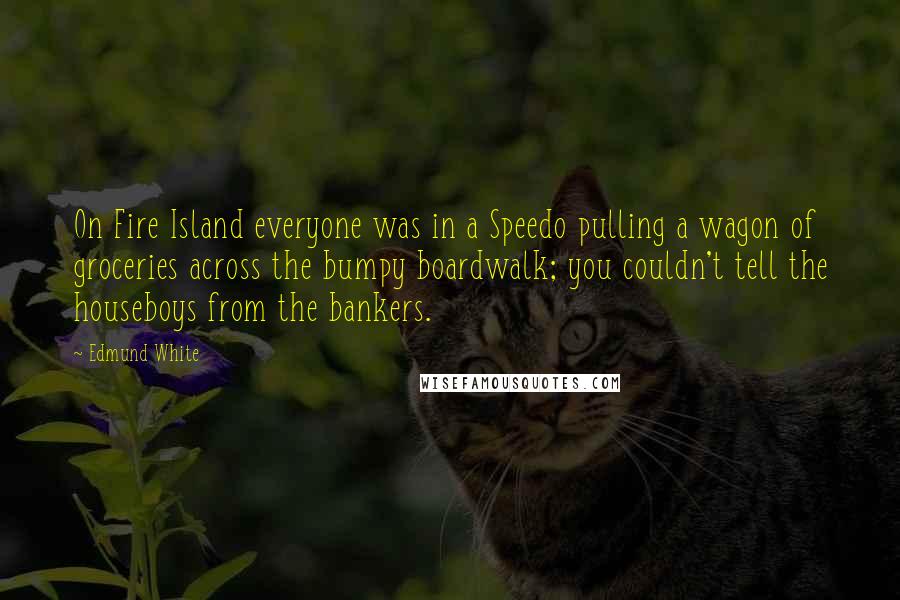 Edmund White Quotes: On Fire Island everyone was in a Speedo pulling a wagon of groceries across the bumpy boardwalk; you couldn't tell the houseboys from the bankers.