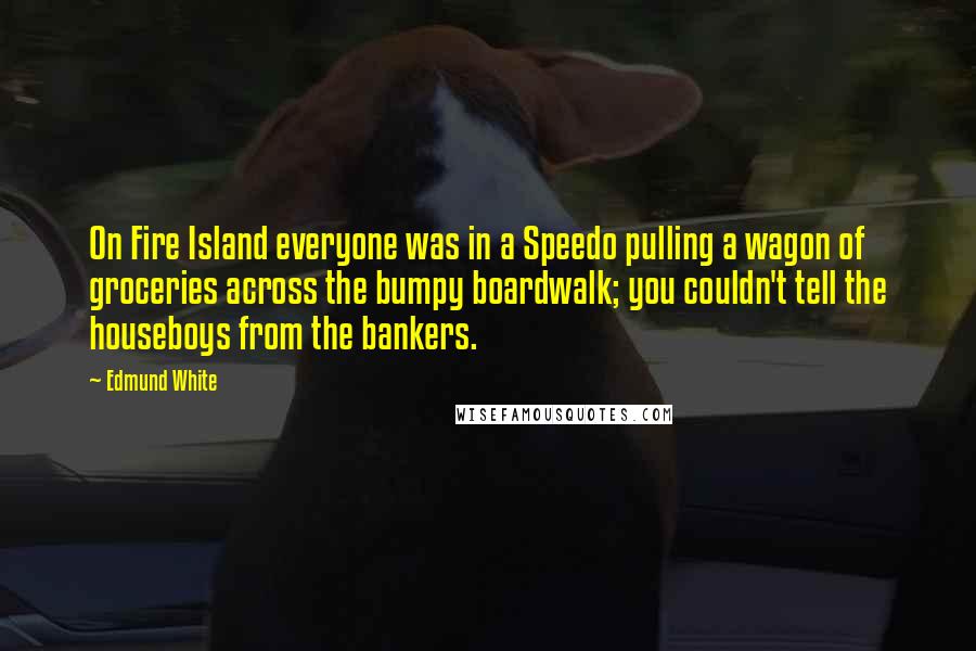 Edmund White Quotes: On Fire Island everyone was in a Speedo pulling a wagon of groceries across the bumpy boardwalk; you couldn't tell the houseboys from the bankers.