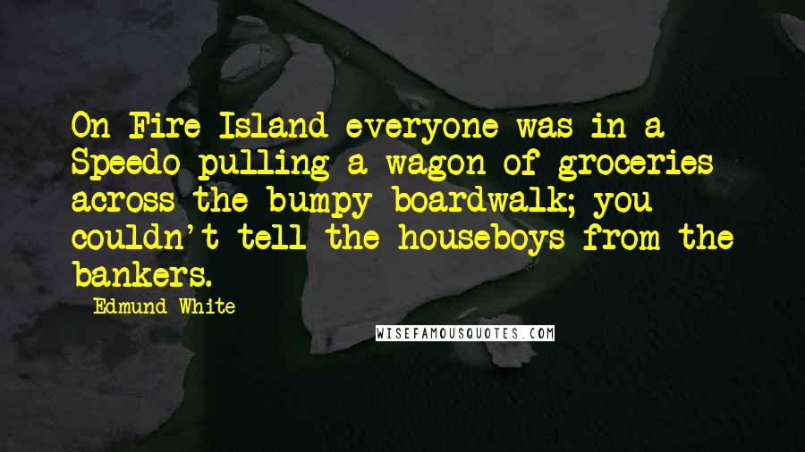 Edmund White Quotes: On Fire Island everyone was in a Speedo pulling a wagon of groceries across the bumpy boardwalk; you couldn't tell the houseboys from the bankers.