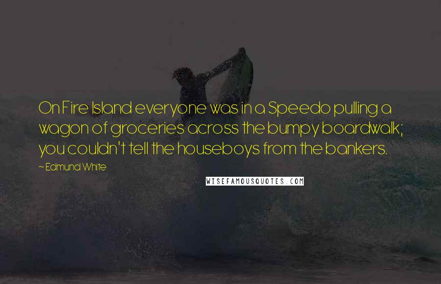 Edmund White Quotes: On Fire Island everyone was in a Speedo pulling a wagon of groceries across the bumpy boardwalk; you couldn't tell the houseboys from the bankers.