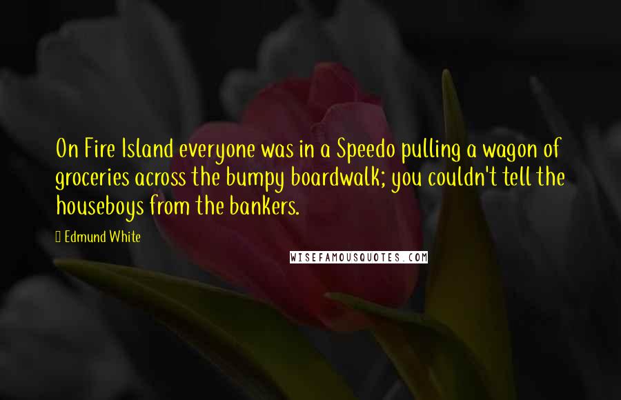 Edmund White Quotes: On Fire Island everyone was in a Speedo pulling a wagon of groceries across the bumpy boardwalk; you couldn't tell the houseboys from the bankers.