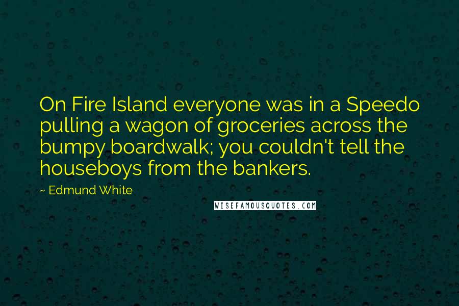 Edmund White Quotes: On Fire Island everyone was in a Speedo pulling a wagon of groceries across the bumpy boardwalk; you couldn't tell the houseboys from the bankers.