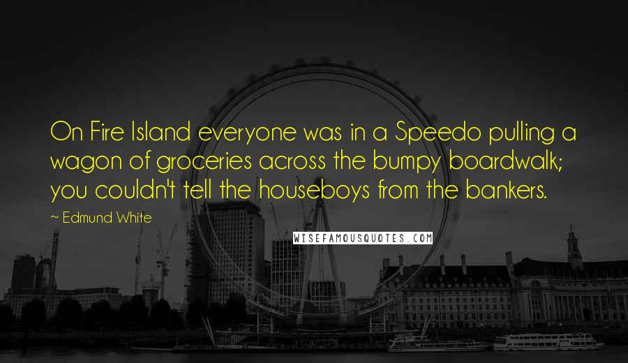 Edmund White Quotes: On Fire Island everyone was in a Speedo pulling a wagon of groceries across the bumpy boardwalk; you couldn't tell the houseboys from the bankers.