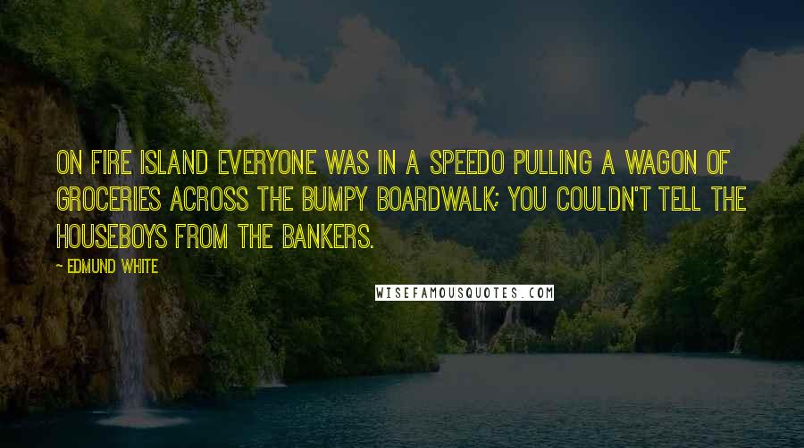 Edmund White Quotes: On Fire Island everyone was in a Speedo pulling a wagon of groceries across the bumpy boardwalk; you couldn't tell the houseboys from the bankers.