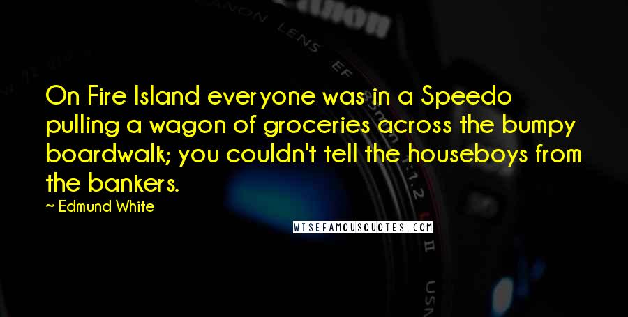 Edmund White Quotes: On Fire Island everyone was in a Speedo pulling a wagon of groceries across the bumpy boardwalk; you couldn't tell the houseboys from the bankers.