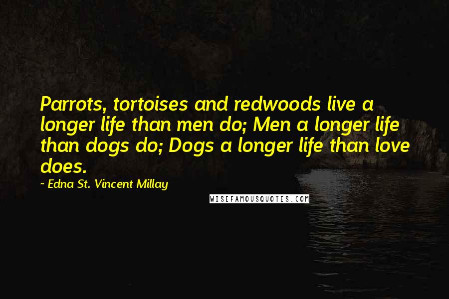 Edna St. Vincent Millay Quotes: Parrots, tortoises and redwoods live a longer life than men do; Men a longer life than dogs do; Dogs a longer life than love does.