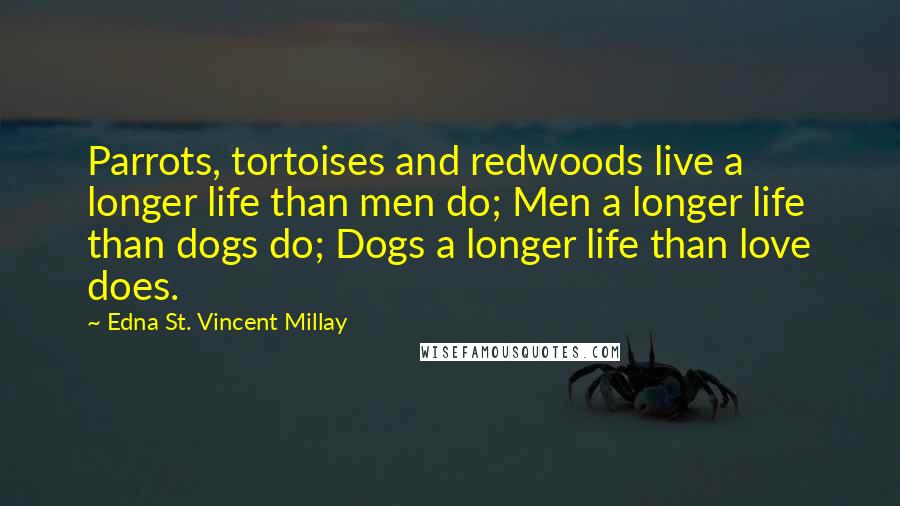 Edna St. Vincent Millay Quotes: Parrots, tortoises and redwoods live a longer life than men do; Men a longer life than dogs do; Dogs a longer life than love does.