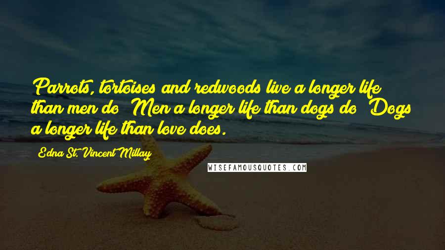 Edna St. Vincent Millay Quotes: Parrots, tortoises and redwoods live a longer life than men do; Men a longer life than dogs do; Dogs a longer life than love does.