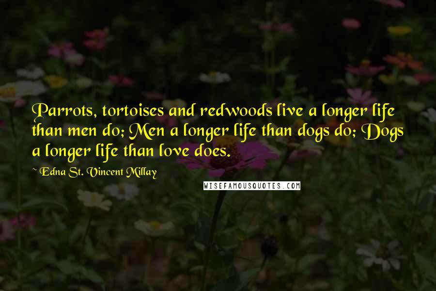 Edna St. Vincent Millay Quotes: Parrots, tortoises and redwoods live a longer life than men do; Men a longer life than dogs do; Dogs a longer life than love does.