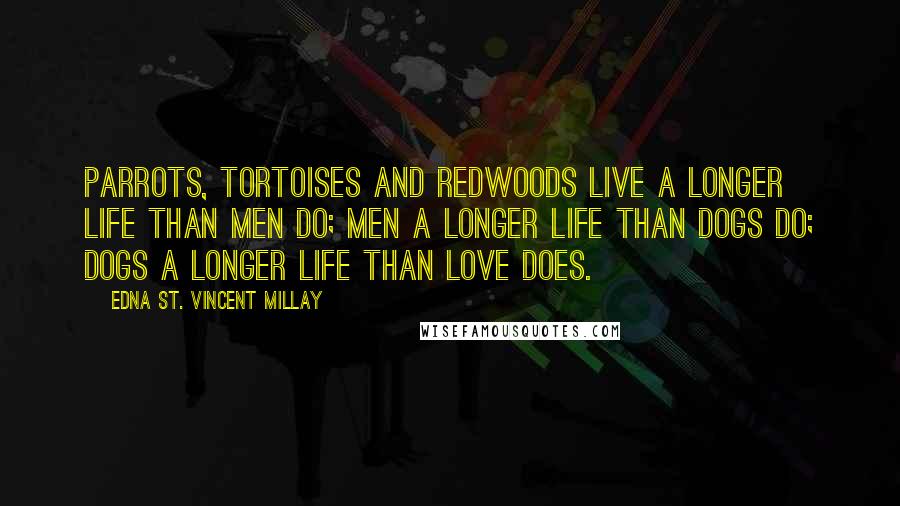 Edna St. Vincent Millay Quotes: Parrots, tortoises and redwoods live a longer life than men do; Men a longer life than dogs do; Dogs a longer life than love does.