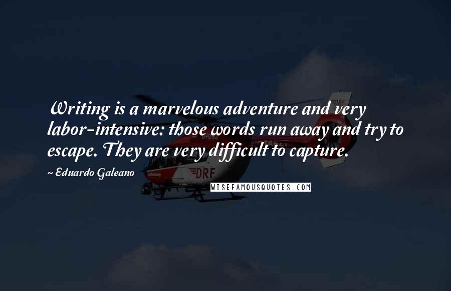 Eduardo Galeano Quotes: Writing is a marvelous adventure and very labor-intensive: those words run away and try to escape. They are very difficult to capture.