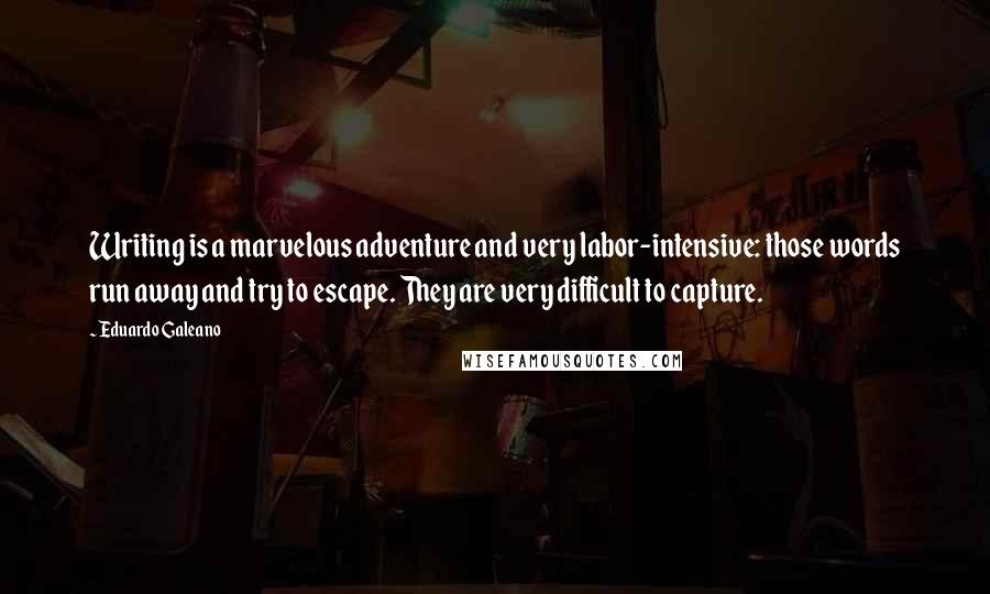 Eduardo Galeano Quotes: Writing is a marvelous adventure and very labor-intensive: those words run away and try to escape. They are very difficult to capture.