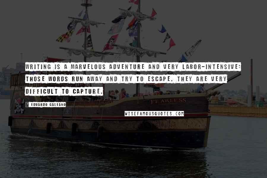 Eduardo Galeano Quotes: Writing is a marvelous adventure and very labor-intensive: those words run away and try to escape. They are very difficult to capture.