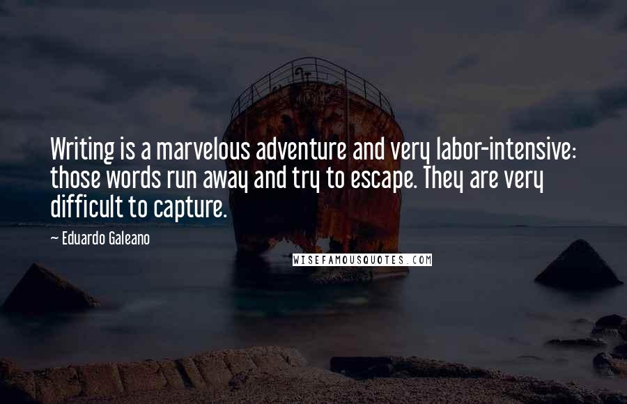 Eduardo Galeano Quotes: Writing is a marvelous adventure and very labor-intensive: those words run away and try to escape. They are very difficult to capture.
