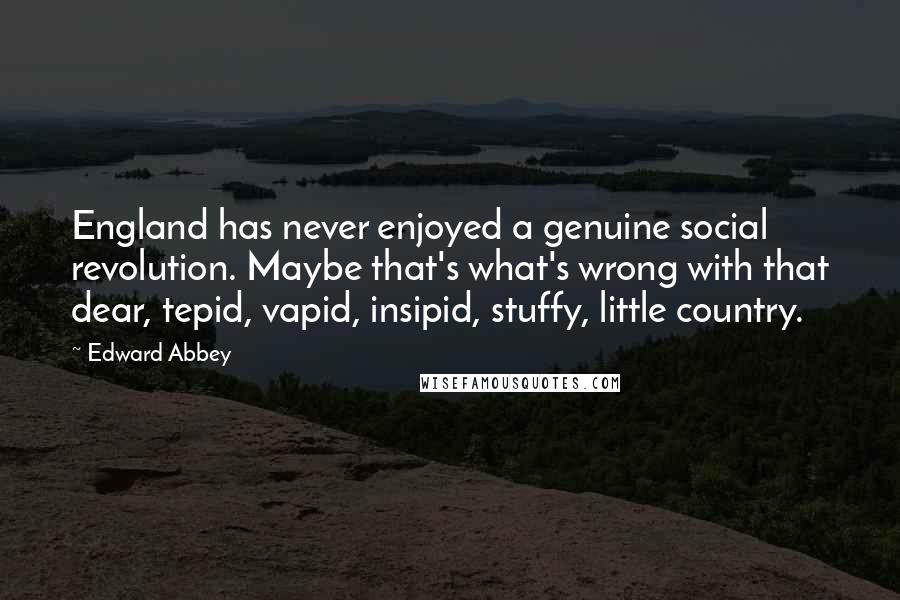 Edward Abbey Quotes: England has never enjoyed a genuine social revolution. Maybe that's what's wrong with that dear, tepid, vapid, insipid, stuffy, little country.