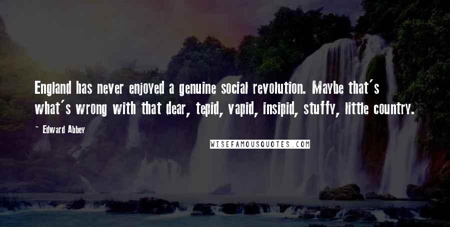 Edward Abbey Quotes: England has never enjoyed a genuine social revolution. Maybe that's what's wrong with that dear, tepid, vapid, insipid, stuffy, little country.