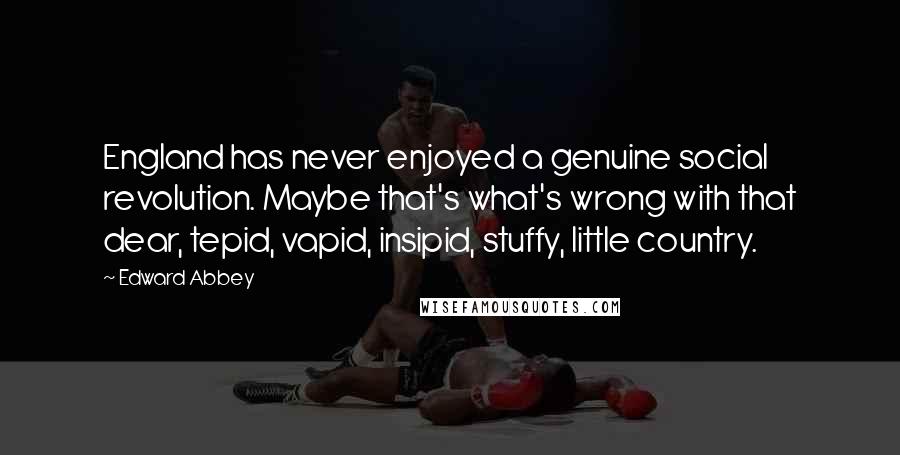 Edward Abbey Quotes: England has never enjoyed a genuine social revolution. Maybe that's what's wrong with that dear, tepid, vapid, insipid, stuffy, little country.