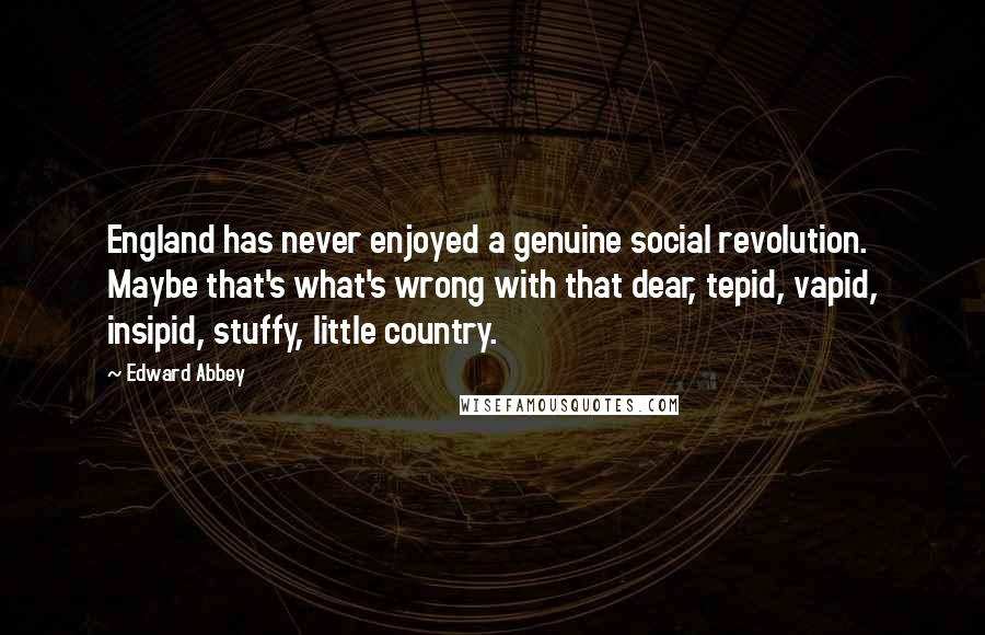 Edward Abbey Quotes: England has never enjoyed a genuine social revolution. Maybe that's what's wrong with that dear, tepid, vapid, insipid, stuffy, little country.