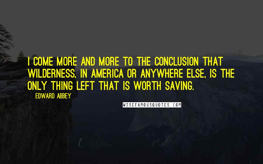 Edward Abbey Quotes: I come more and more to the conclusion that wilderness, in America or anywhere else, is the only thing left that is worth saving.