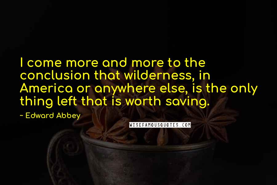 Edward Abbey Quotes: I come more and more to the conclusion that wilderness, in America or anywhere else, is the only thing left that is worth saving.