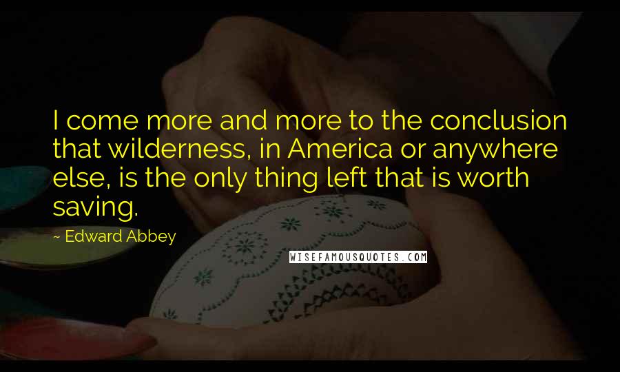 Edward Abbey Quotes: I come more and more to the conclusion that wilderness, in America or anywhere else, is the only thing left that is worth saving.