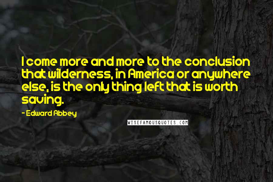 Edward Abbey Quotes: I come more and more to the conclusion that wilderness, in America or anywhere else, is the only thing left that is worth saving.