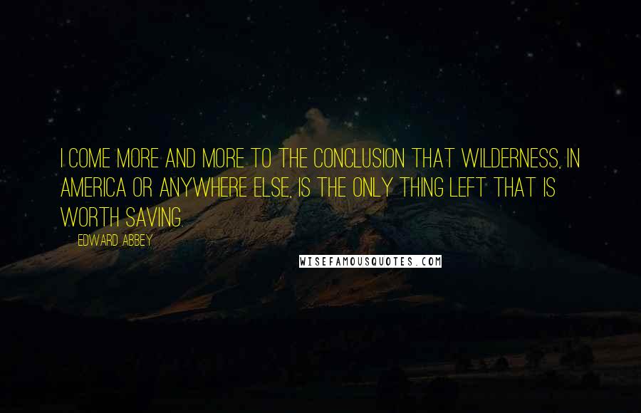 Edward Abbey Quotes: I come more and more to the conclusion that wilderness, in America or anywhere else, is the only thing left that is worth saving.