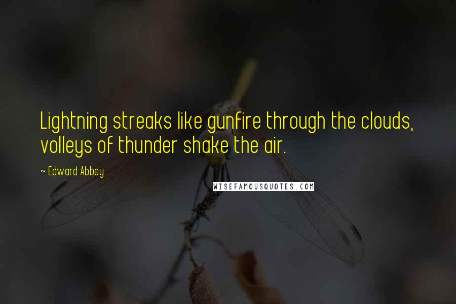 Edward Abbey Quotes: Lightning streaks like gunfire through the clouds, volleys of thunder shake the air.