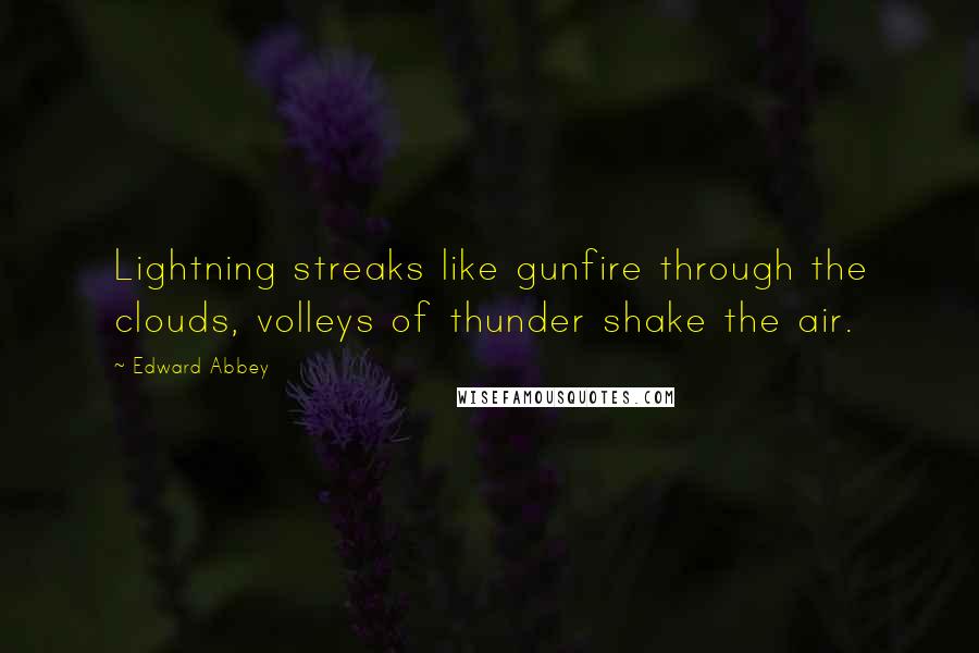 Edward Abbey Quotes: Lightning streaks like gunfire through the clouds, volleys of thunder shake the air.