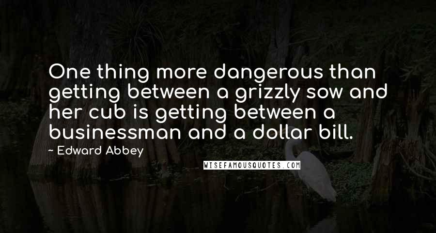 Edward Abbey Quotes: One thing more dangerous than getting between a grizzly sow and her cub is getting between a businessman and a dollar bill.