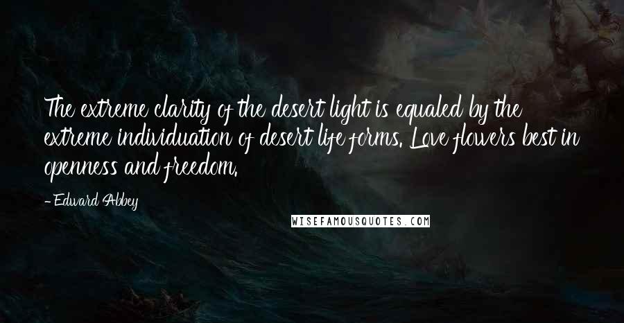 Edward Abbey Quotes: The extreme clarity of the desert light is equaled by the extreme individuation of desert life forms. Love flowers best in openness and freedom.