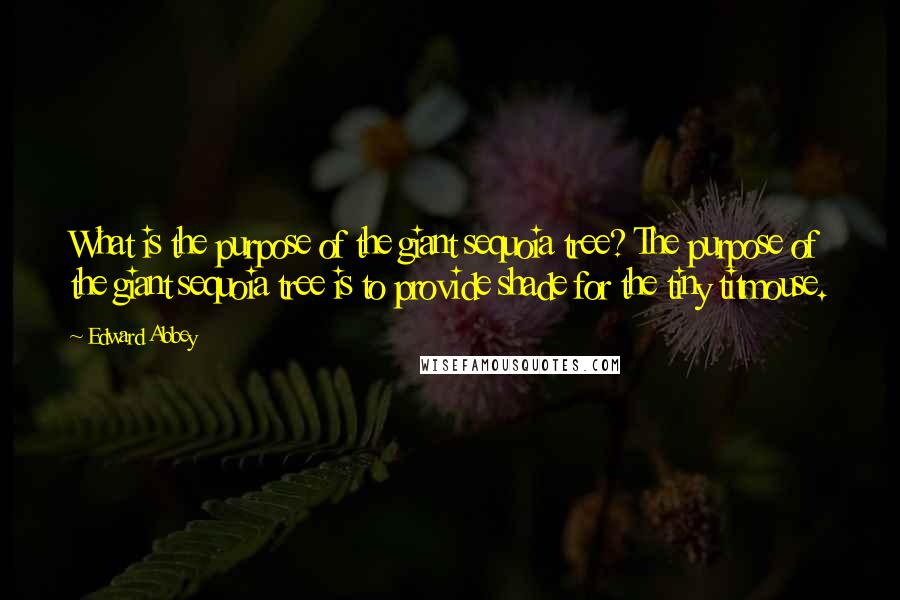 Edward Abbey Quotes: What is the purpose of the giant sequoia tree? The purpose of the giant sequoia tree is to provide shade for the tiny titmouse.