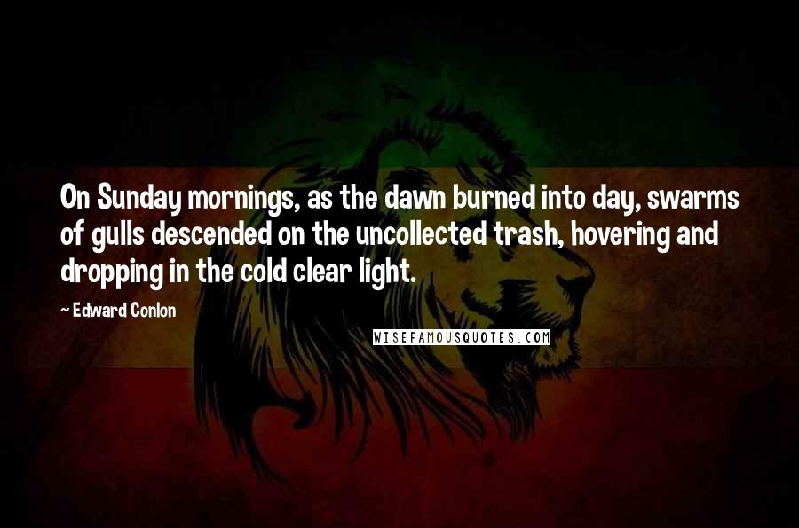 Edward Conlon Quotes: On Sunday mornings, as the dawn burned into day, swarms of gulls descended on the uncollected trash, hovering and dropping in the cold clear light.