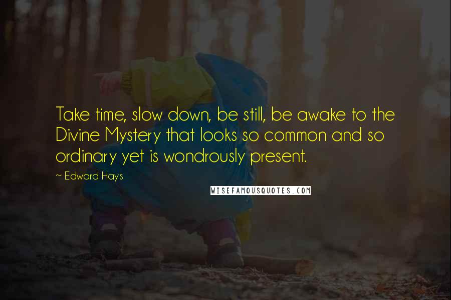 Edward Hays Quotes: Take time, slow down, be still, be awake to the Divine Mystery that looks so common and so ordinary yet is wondrously present.
