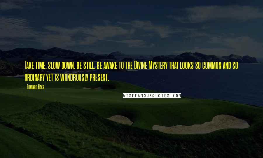 Edward Hays Quotes: Take time, slow down, be still, be awake to the Divine Mystery that looks so common and so ordinary yet is wondrously present.