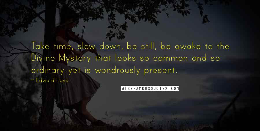 Edward Hays Quotes: Take time, slow down, be still, be awake to the Divine Mystery that looks so common and so ordinary yet is wondrously present.