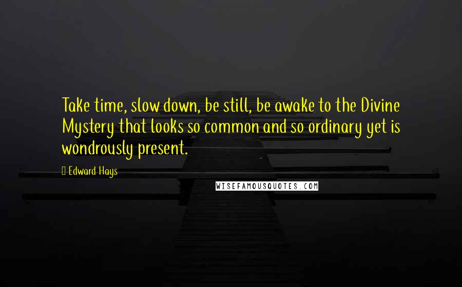 Edward Hays Quotes: Take time, slow down, be still, be awake to the Divine Mystery that looks so common and so ordinary yet is wondrously present.