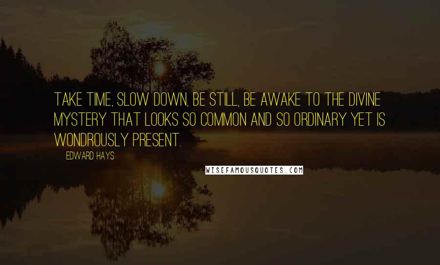 Edward Hays Quotes: Take time, slow down, be still, be awake to the Divine Mystery that looks so common and so ordinary yet is wondrously present.