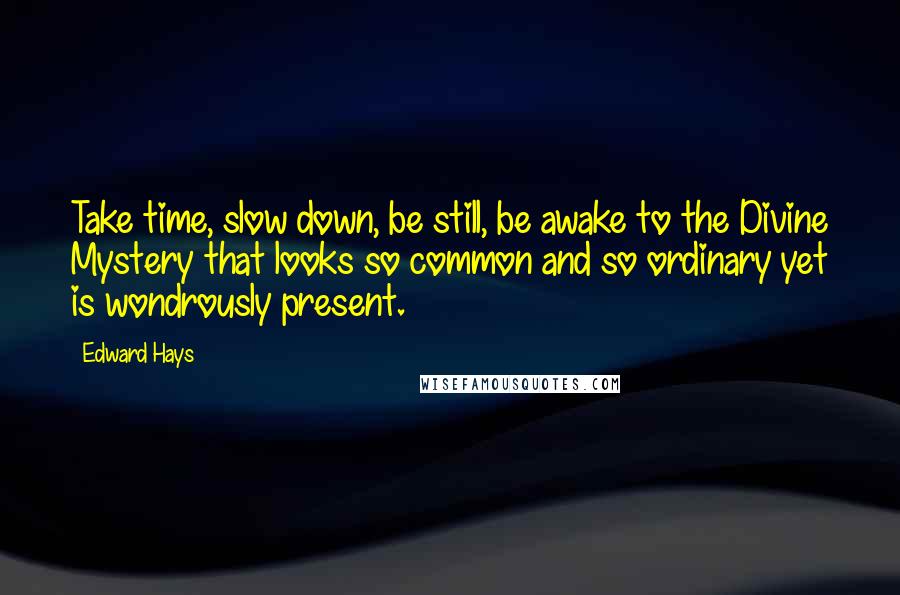 Edward Hays Quotes: Take time, slow down, be still, be awake to the Divine Mystery that looks so common and so ordinary yet is wondrously present.