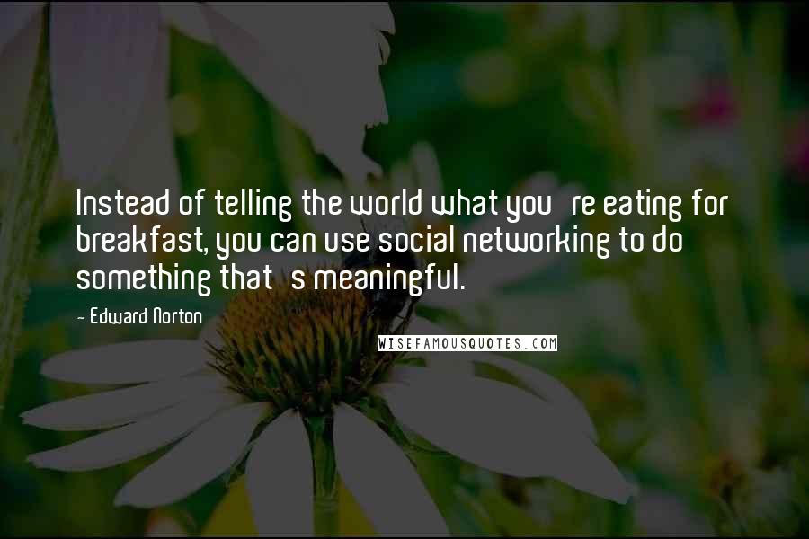 Edward Norton Quotes: Instead of telling the world what you're eating for breakfast, you can use social networking to do something that's meaningful.