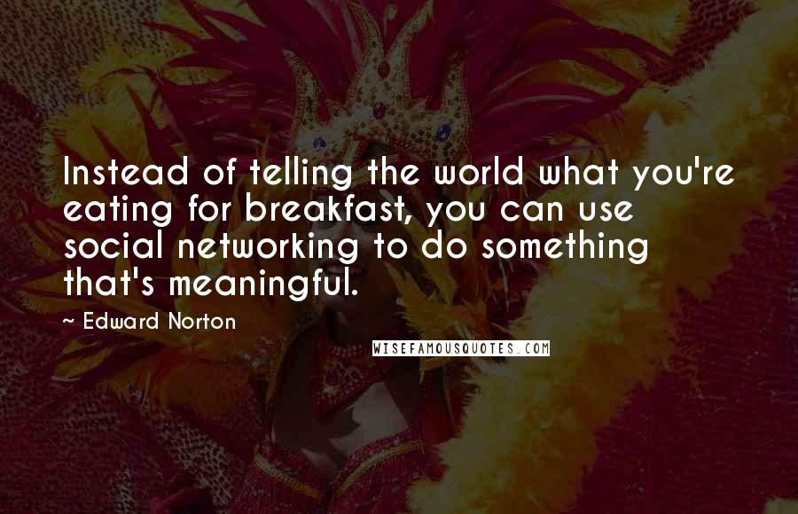 Edward Norton Quotes: Instead of telling the world what you're eating for breakfast, you can use social networking to do something that's meaningful.