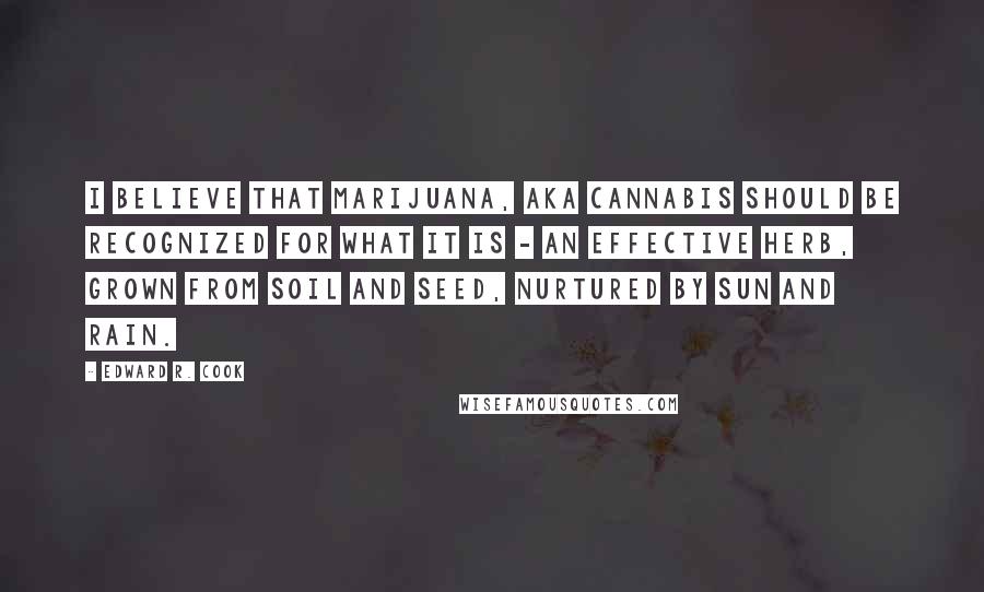 Edward R. Cook Quotes: I believe that marijuana, aka cannabis should be recognized for what it is - an effective herb, grown from soil and seed, nurtured by sun and rain.