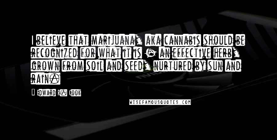 Edward R. Cook Quotes: I believe that marijuana, aka cannabis should be recognized for what it is - an effective herb, grown from soil and seed, nurtured by sun and rain.