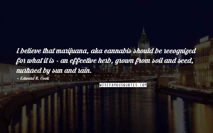 Edward R. Cook Quotes: I believe that marijuana, aka cannabis should be recognized for what it is - an effective herb, grown from soil and seed, nurtured by sun and rain.