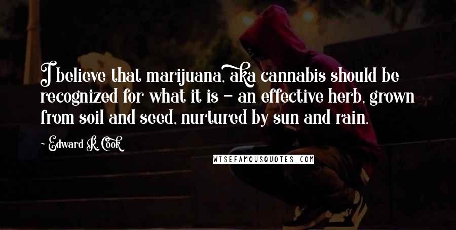 Edward R. Cook Quotes: I believe that marijuana, aka cannabis should be recognized for what it is - an effective herb, grown from soil and seed, nurtured by sun and rain.