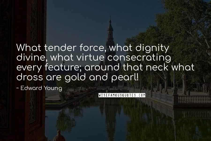 Edward Young Quotes: What tender force, what dignity divine, what virtue consecrating every feature; around that neck what dross are gold and pearl!