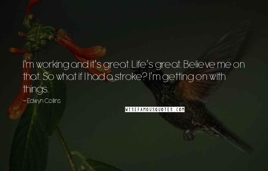 Edwyn Collins Quotes: I'm working and it's great. Life's great. Believe me on that. So what if I had a stroke? I'm getting on with things.