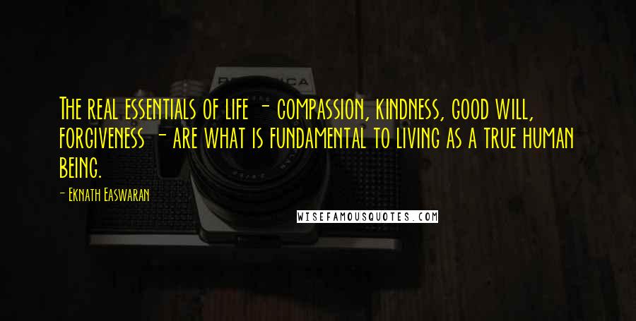Eknath Easwaran Quotes: The real essentials of life - compassion, kindness, good will, forgiveness - are what is fundamental to living as a true human being.