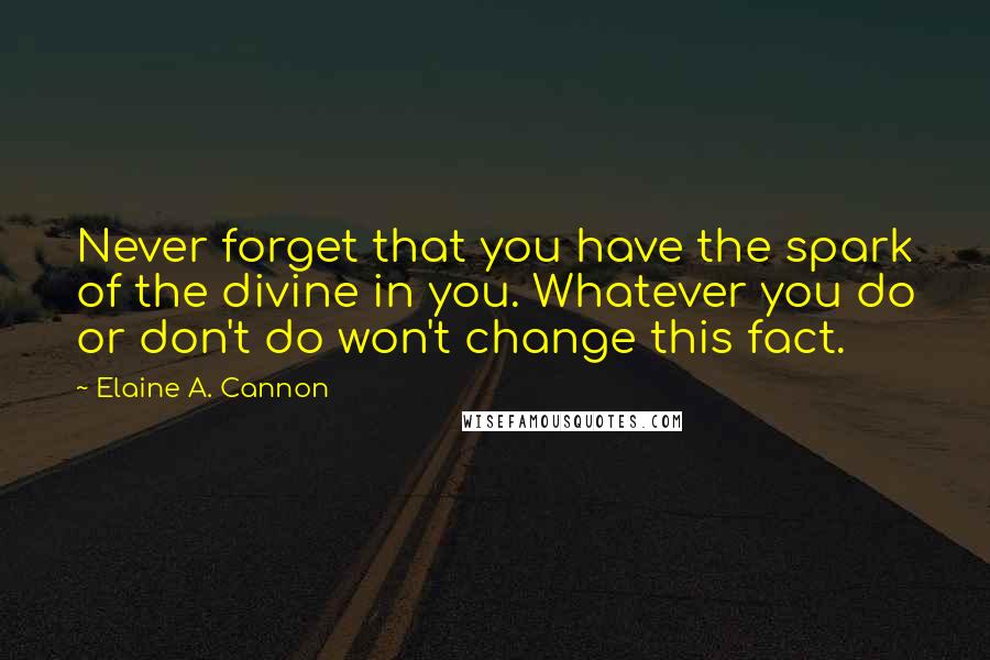 Elaine A. Cannon Quotes: Never forget that you have the spark of the divine in you. Whatever you do or don't do won't change this fact.