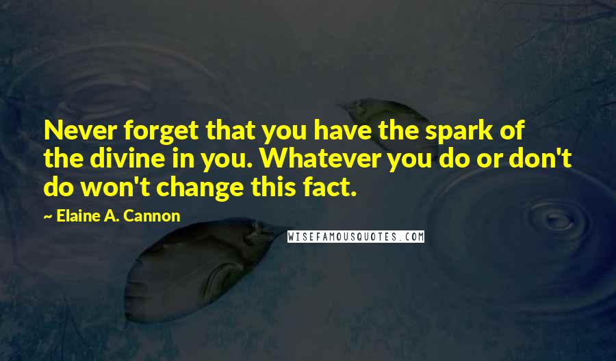 Elaine A. Cannon Quotes: Never forget that you have the spark of the divine in you. Whatever you do or don't do won't change this fact.